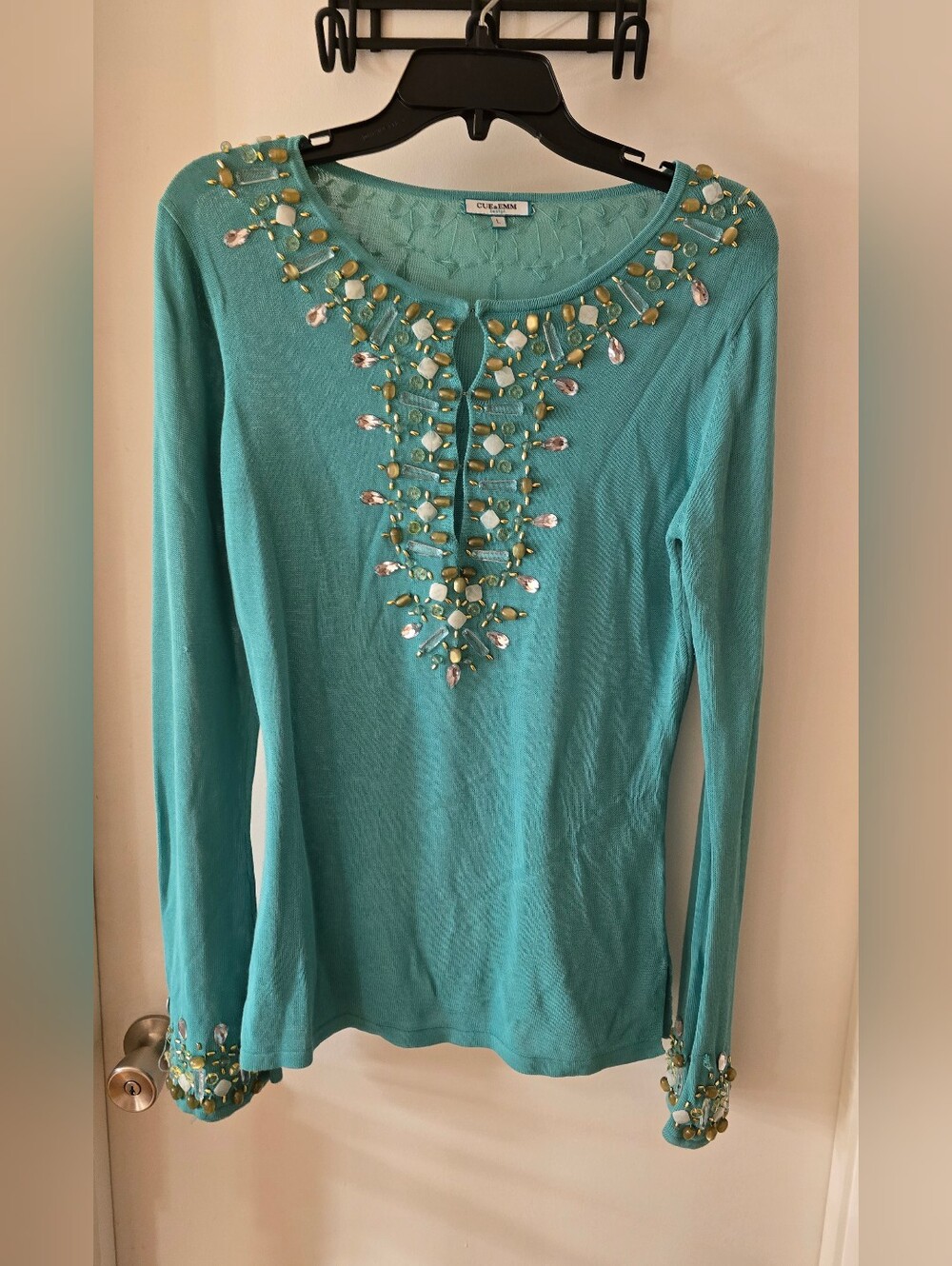 CUE and EMM Teal Beaded Embellished Long Sleeve Top